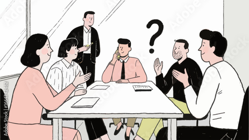 A team brainstorming around a table, one person on a phone call, uncertainty present.