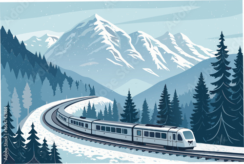 Mountain railway curving through snowy landscape.