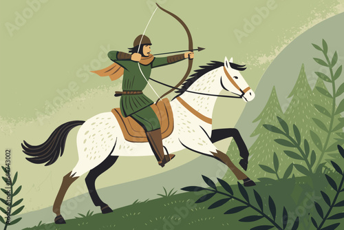 Mounted archer aiming bow while riding a horse.