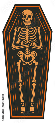 Halloween night skeleton in coffin