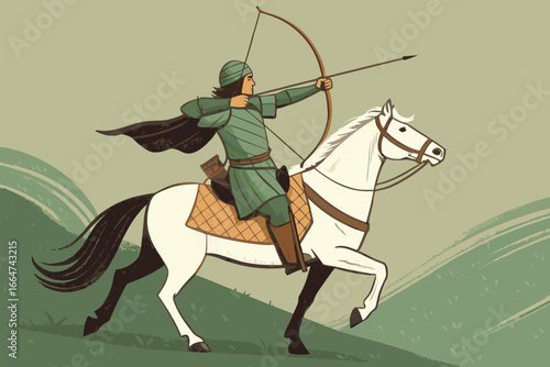 Mounted archer aims bow while riding horse.