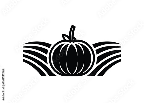Vector art of black and silhouette of a pumpkin with stylized wavy lines representing fields or hills, isolated a