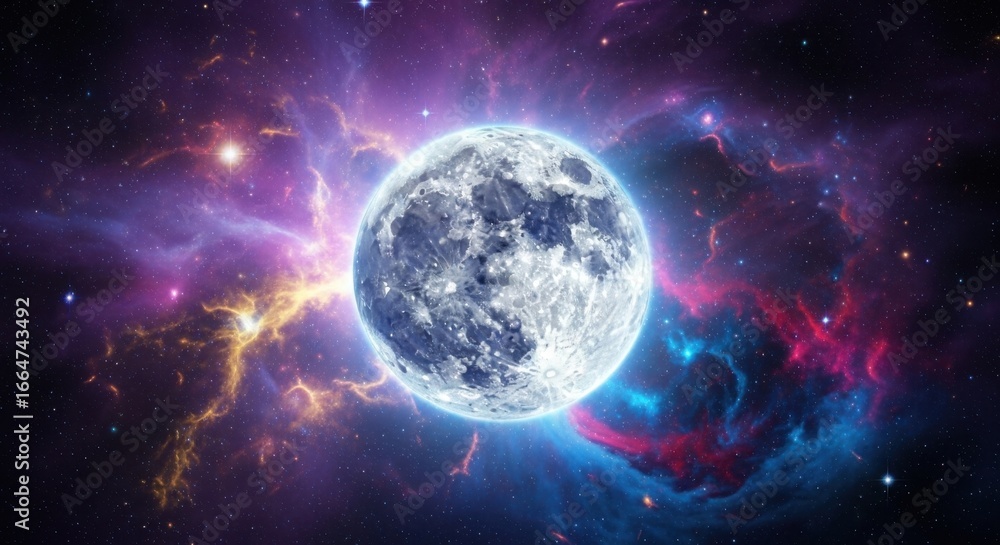 Fototapeta premium Full Moon in Space Surrounded by Colorful Nebula Clouds and Stars