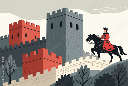 Mounted guard on patrol at an ancient castle.