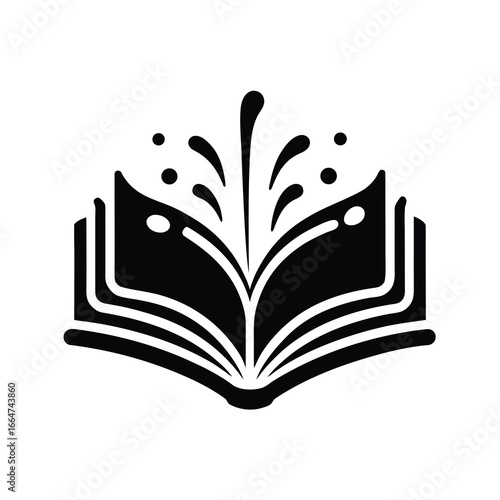 Vector art of open book with splashes of water or ink symbolizing knowledge and creativity