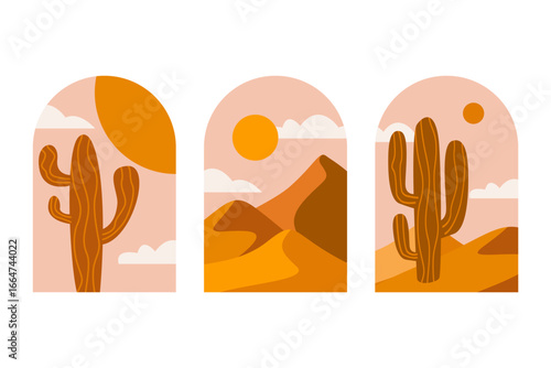 Collection of hand drawn summer boho posters with cactus