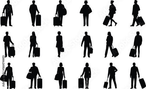 Traveler silhouette vector collection, people walking with luggage, black airport traveler icons, tourism concept, vacation journey illustration, suitcase character design