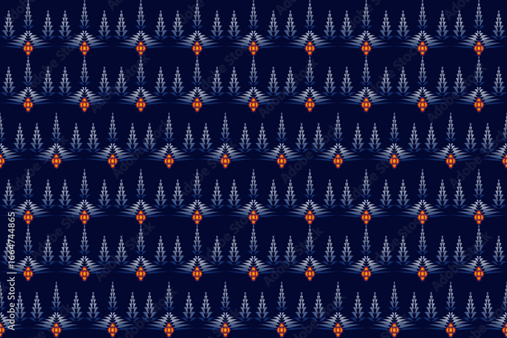 Fototapeta premium An applied indigenous woven pattern, featuring small lantern-like graphic motifs arranged symmetrically on a dark navy background, creating a simple, elegant, and classic feel.