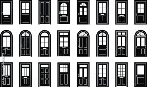Classic black door vector collection, vintage and modern front door silhouettes, detailed architecture element set for design, home, building, entrance