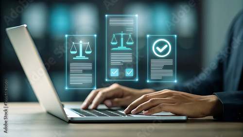 Legal Technology and Digital Justice Concepts Man working on Laptop with Scale of Justice Icons and Documents for Compliance and Legal Advice