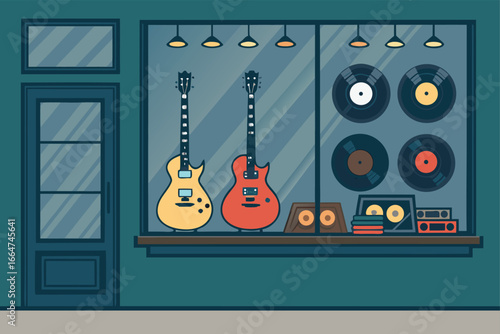 Foto Music shop featuring guitars and vintage vinyl records.