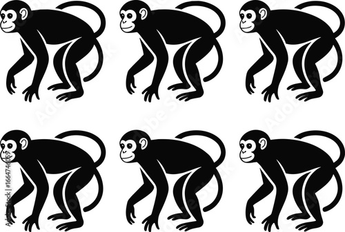 Cartoon monkey silhouette set, black animal icons, side profile monkeys, vector clipart for kids, jungle wildlife design, playful primate illustration