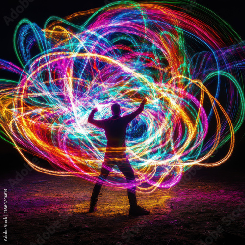 Photographer setting up a light painting shot at night, long exposure trails, neon colors, creative and experimental technique, dynamic movement, isolated stock photography concept. 