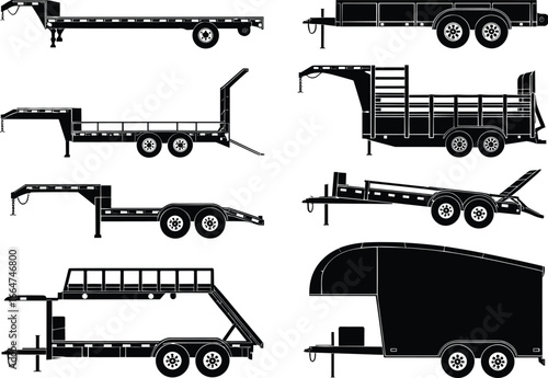 Black silhouette vector set of eight different trailer types, flatbed, utility, livestock, enclosed, gooseneck, ramp, hauling, transport, equipment