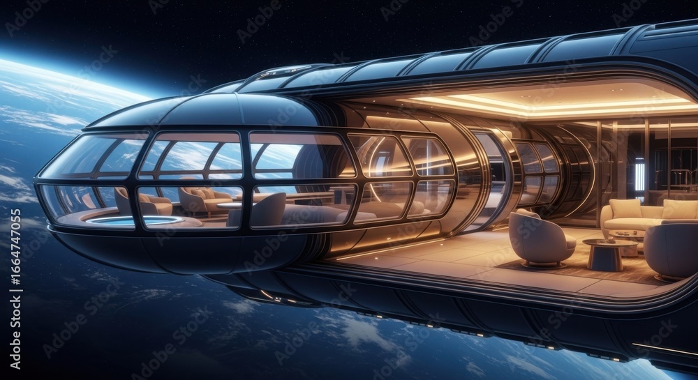 Fototapeta premium Futuristic Space Station Exterior in Orbit with Illuminated Interior Lounge