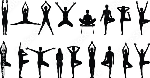 Silhouettes of diverse yoga poses for wellness, meditation, flexibility, balance, and strength, including chair yoga, ideal for fitness and instructional design