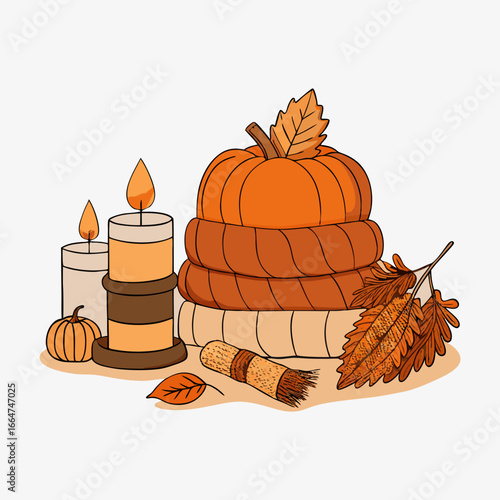 Halloween pumpkin and autumn leaves autumn leaves with pumpkin Festive Thanksgiving wreath with leaves and pumpkins, watercolor style, generative Ai.