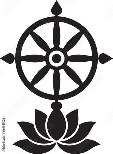 Sacred Wheel of Dharma and Lotus blossom silhouette logo design. Spiritual emblem of Buddhism representing the noble eightfold path and purity