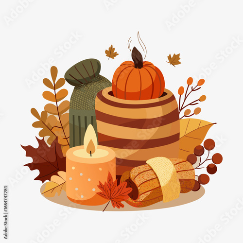 Halloween pumpkin and autumn leaves autumn leaves with pumpkin Festive Thanksgiving wreath with leaves and pumpkins, watercolor style, generative Ai.