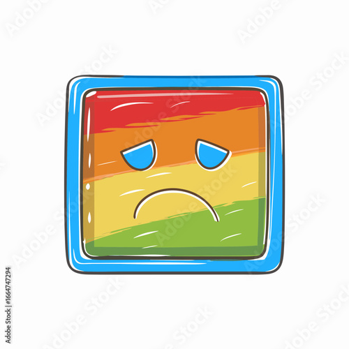 Illustrative sad face in rainbow colors, expressing dejection and sorrow. Depicted sad face shows a spectrum of emotions, from red to green, indicating varied feelings, adding depth to sadness.