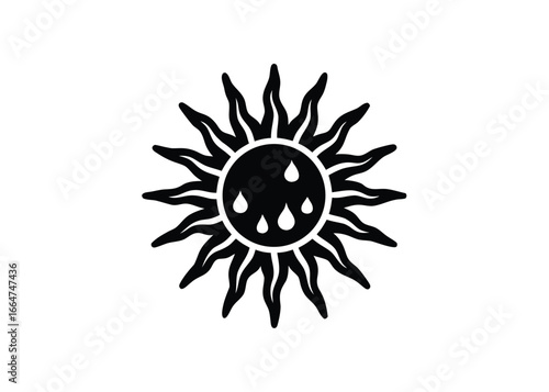 Vector art of stylized line art icon of a sun with rays and water drops