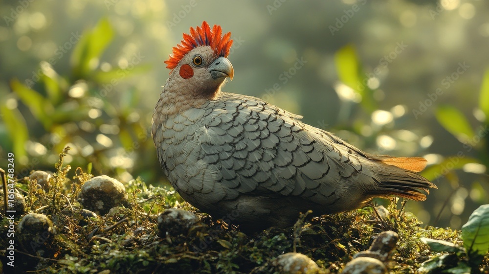 Obraz premium Exotic bird stands on moss covered ground, surrounded by greenery at dawn