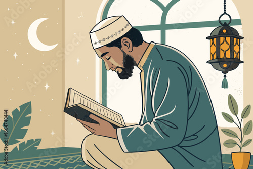 Muslim man reading Quran before prayer, flat bold.