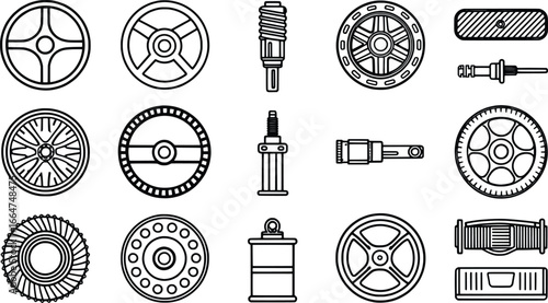 Collection of vintage mechanical parts and components in a schematic drawing style