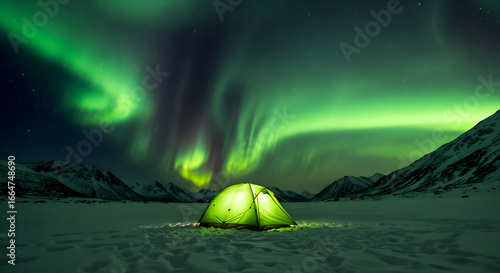 Camping Tent Under Northern Lights Aurora Borealis in Snowy Winter Mountains, Arctic Wilderness Night Sky with Green Aurora Display, Adventure Travel Tourism, Outdoor Exploration, Nature Landscape