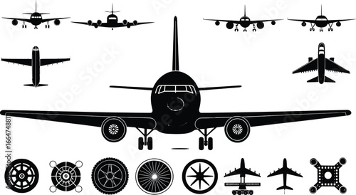 Collection of vintage and modern aircraft silhouettes and mechanical components