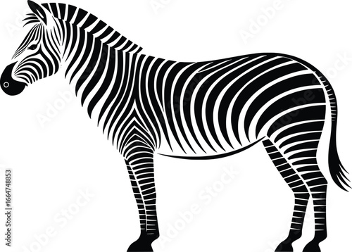Stylized black and white zebra illustration standing profile