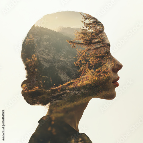 Photographer using a creative double exposure technique, blending faces and landscapes, artistic experimental photography, deep layered storytelling, isolated stock photography concept. 