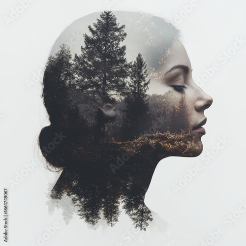 Photographer using a creative double exposure technique, blending faces and landscapes, artistic experimental photography, deep layered storytelling, isolated stock photography concept. 