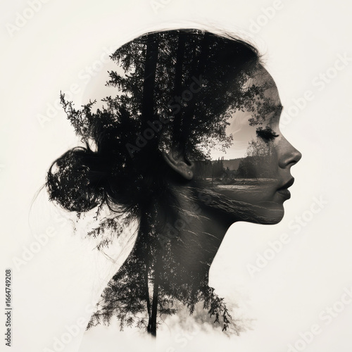 Photographer using a creative double exposure technique, blending faces and landscapes, artistic experimental photography, deep layered storytelling, isolated stock photography concept. 