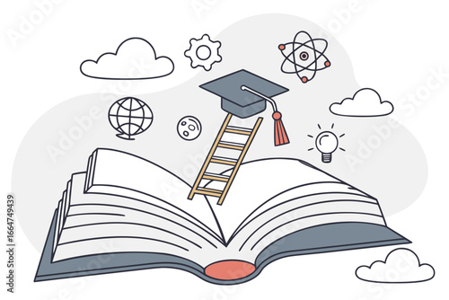 Open book with ladder to graduation cap symbolizing education and success