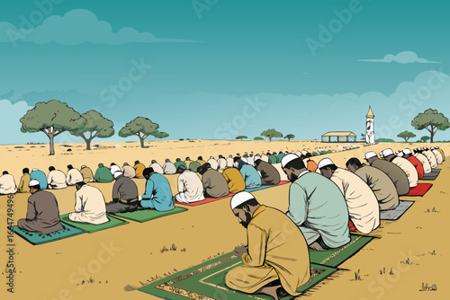 Muslims celebrate Eid with outdoor prayers, a vibrant scene.