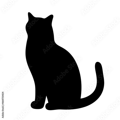 Silhouette of a seated cat with a curled tail and pointy ears
