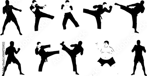 mix martial arts, Kungfu, boxing, karate, kick boxing, jujitsu, taekwondo, sumo, mauy thai. Silhouette vector