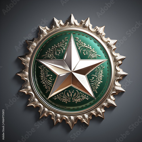 Clean macro photograph featuring Pakistan Independence Day 3D metallic emblem with embossed edges, Pakistan inspired motif, realistic reflections, transparent background, even illumination, neutral ba