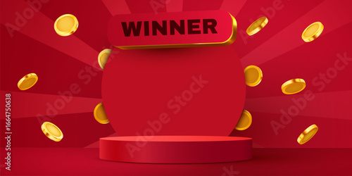 Podium scene with coin explosion. Winner concept. Vector illustration