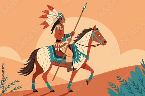 Native warrior on horseback holding a spear, flat illustration.