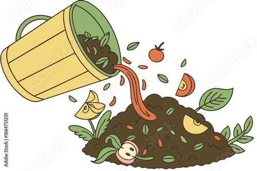 Illustration of composting food waste in a garden, promoting organic recycling and sustainable living for environmental conservation