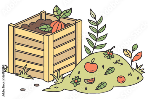 Illustration of a compost bin and pile with organic waste, emphasizing sustainable gardening and recycling practices