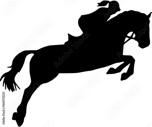 black silhouette of horse and horsewoman jumping