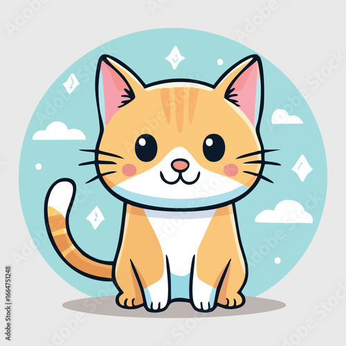 An orange cartoon cat with a white spot on its chest, sitting and smiling. Clouds, sparkles and a blue background are depicted around the cat, creating a fairy-tale mood.