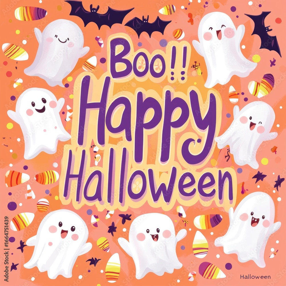 Fototapeta premium Halloween Poster with Spooky Ghosts and Text ”Boo Happy Halloween” Postcard. Cute Ghost Halloween Greeting Card with Copy, Text. Halloween Party Invitation Card with Copy, Text.