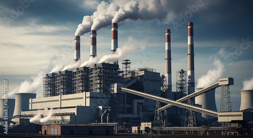 Large Industrial Power Plant with Multiple Smokestacks and Cooling Towers Releasing Emissions