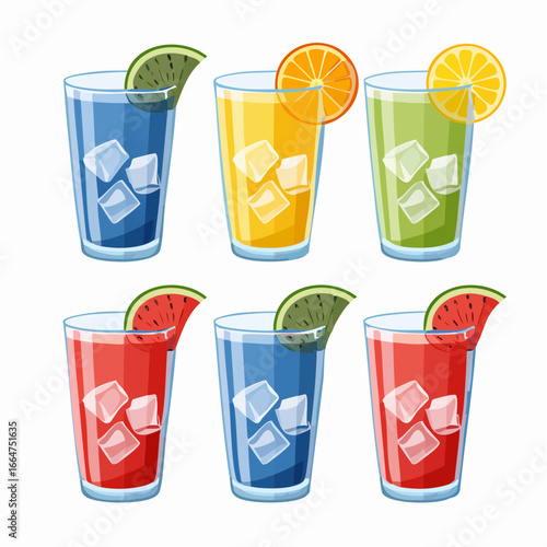 A vibrant vector set of six assorted fruit juice glasses, each filled with ice cubes and topped with a fresh fruit slice garnish