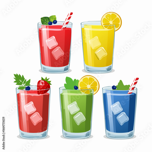 Set of five colorful summer fruit juice glasses with ice cubes and straws. Vector illustration collection isolated on white background