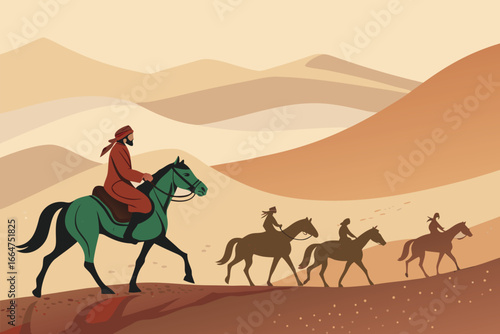 Nomadic rider guides a horse caravan across a flat, open landscape.